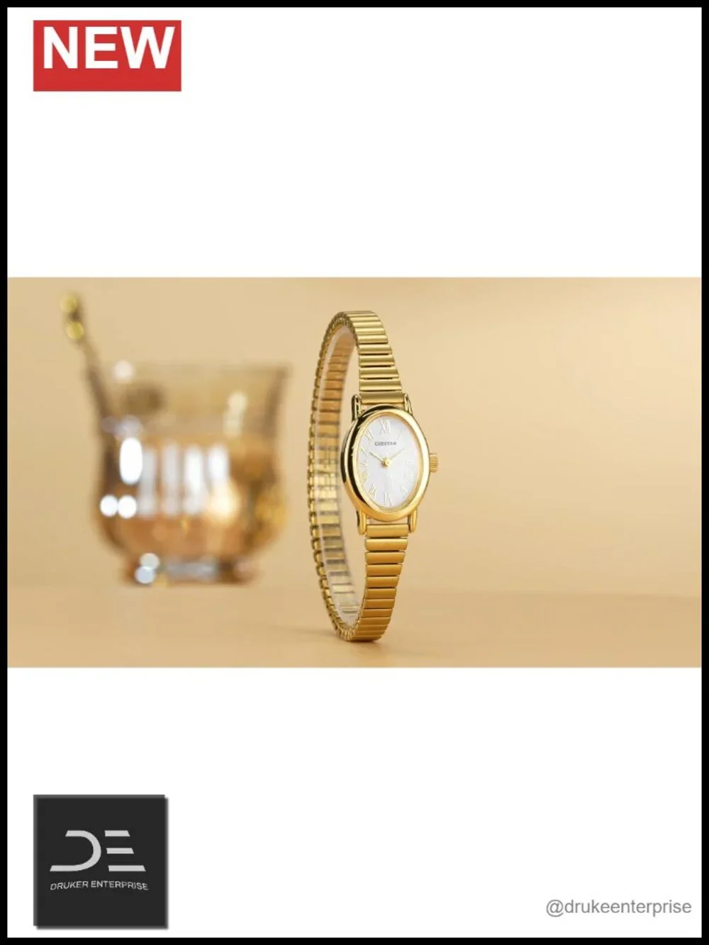 Dainty Gold Watches with Stainless Steel Expansion Band, Small Oval Case, Roman